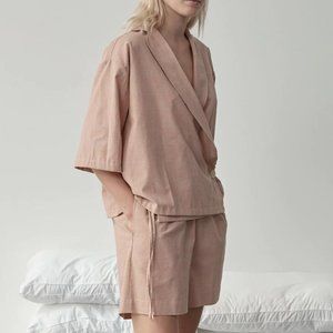 Deiji Studio Asymmetric Short Set in Mandarin Check, size M (Pajama/loungewear)